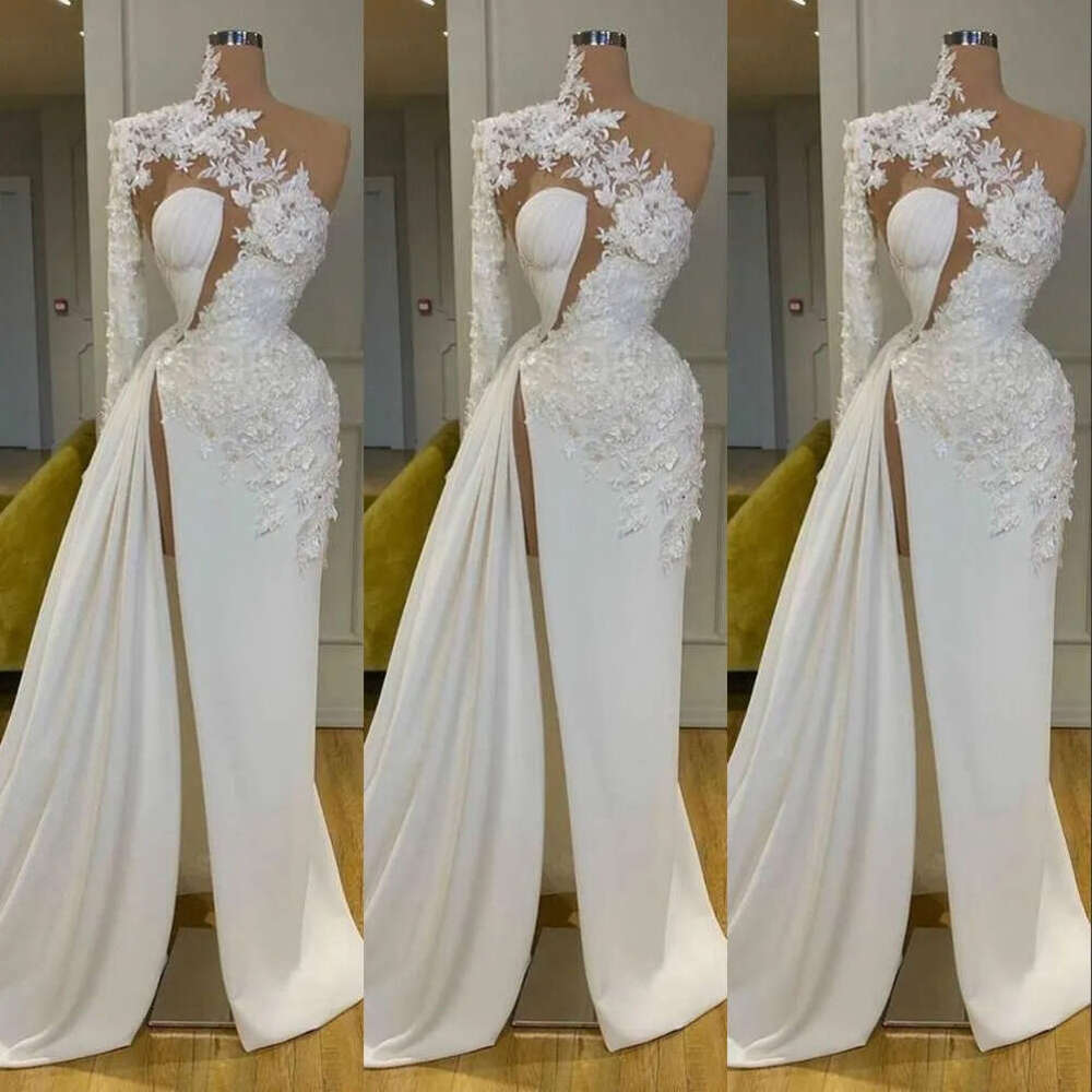 Arabic Dubai Sexy Exquiite Lace White Prom Dree High Neck One Shoulder Long Sleeve Wer Formal Evening Dre Side Split Robe De Marie Sweep Train