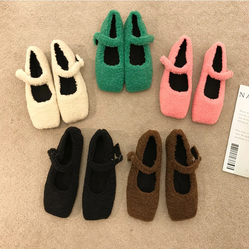 Fashion Square Toe Lambswool Ballet Apartment Womens Winter Warm Plush Coat Womens Teddy Fur Mary Jane Pink Shoes 241213