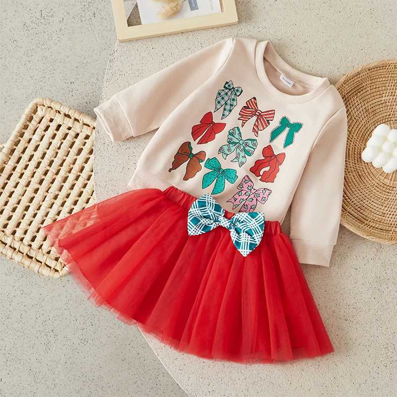 Suefenskry Preschool Girls Christmas Set with Bow Pattern Long Sleeve O-Neck Sweatshirt Top and Elastic Waist Chiffon Skiing Autumn Set W241213