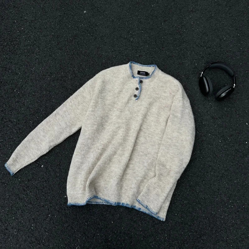 Korean Knit Sweater Retro Streetwear Loose Crew Neck Long Sleeve Knitted Pullover Winter Warm Henry Collar Top 241213