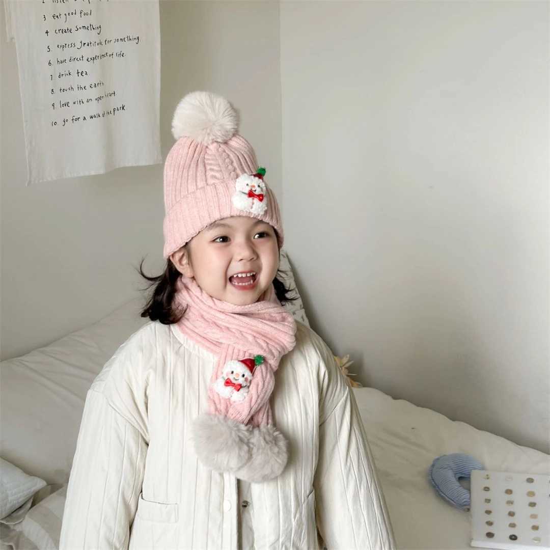 Scarves Wraps 2-piece Sets Christmas Childrens Hat and Scarf Sets Thicken Winter Baby Boys Girls Scarf Knitted Warm Windproof Baby Caps H241213