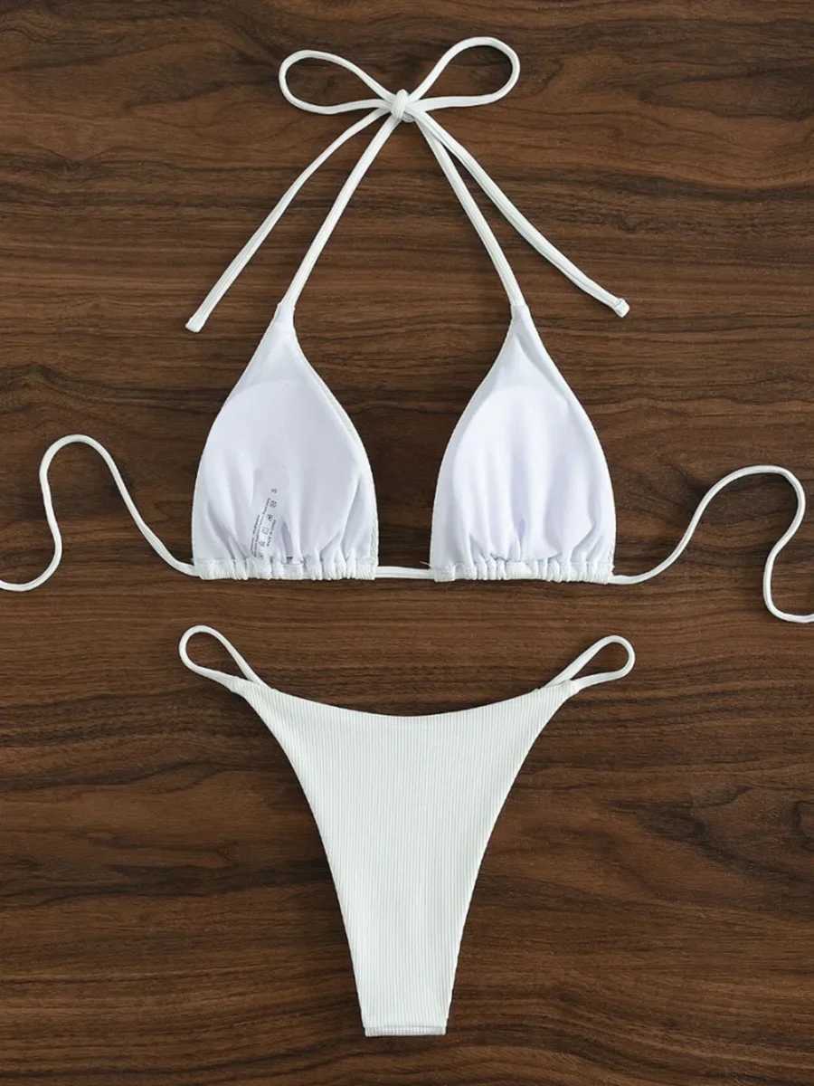 String Bikinis 2024 Women Sexy Triang Swimsuit Solid White Swimwear Fa Padded Bathers Bathing Swimming Swim Suit BeachwearXJ241212