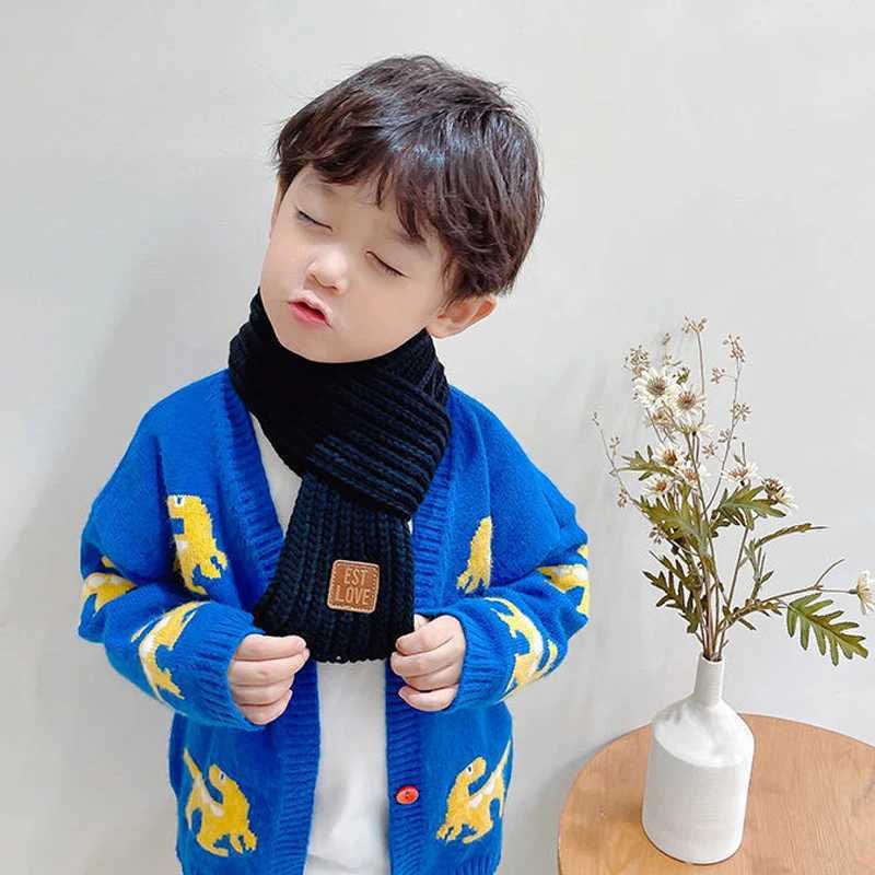 Scarves Wraps Winter Baby Knitted Scarfs Leather Lable Cross Kids Neck Warmer Children Boys Girls Scarves Baby Accessories 9*110cm 1-6Y H241213