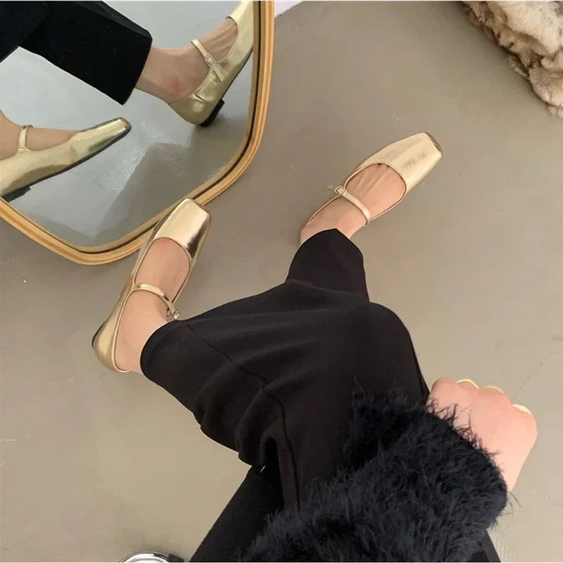 Antumn Square Toe ballet shoes fashionable low boots Mary Jane shoes casual silver shallow button soft soled shoes Zapatos De Mujer 241213