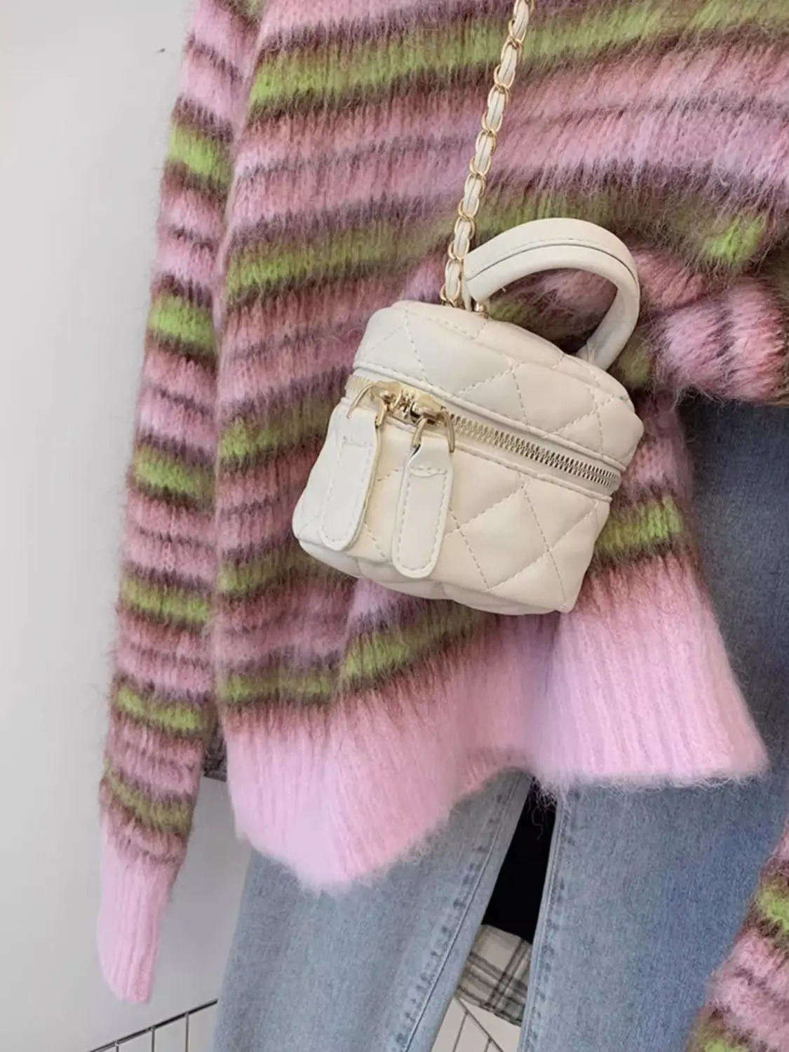 Korej Pull Womens Colored Blocked Striped Artificial Mink Sweater Autumn and Winter Retro Knitted Top Casual Zipper Clothing 241212