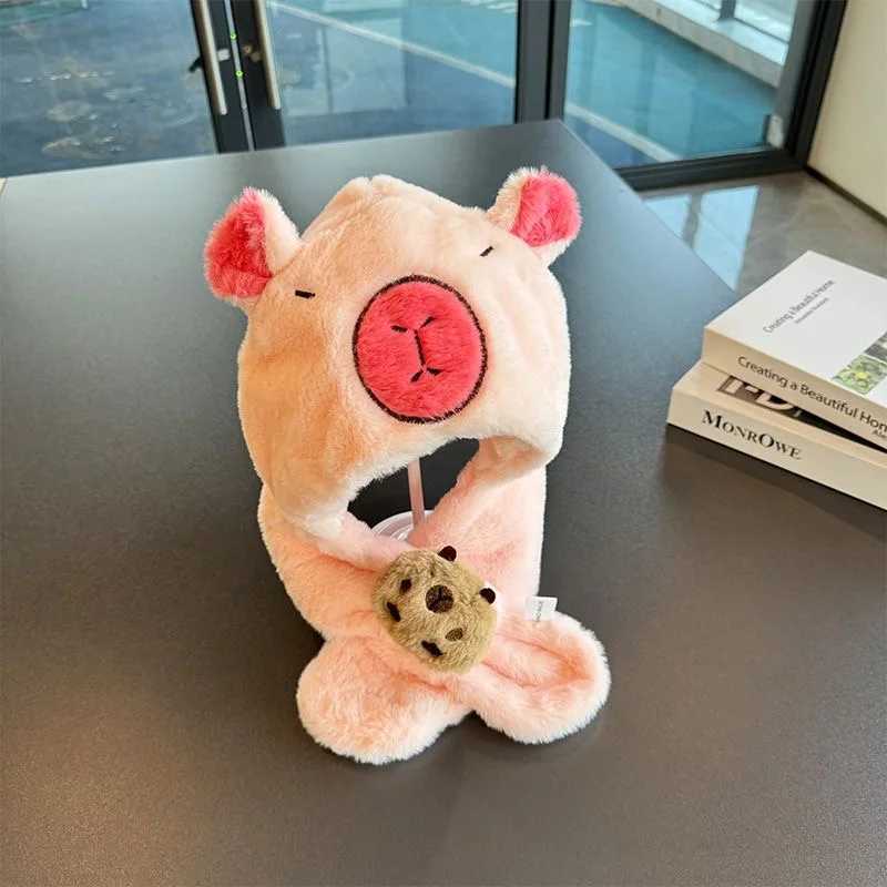 Childrens cute capybara one-piece hat winter thick fur hat scarf all-in-one baby capibara earmuffXJ241213