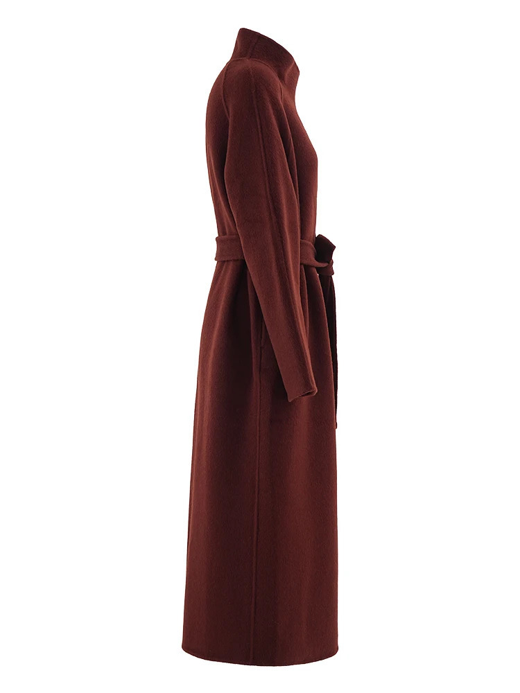 EAM Red Belted Big Size Long Thick Woolen Coat Stand Collar Sleeve Women Jacket Fashion Autumn Winter CPG 241213