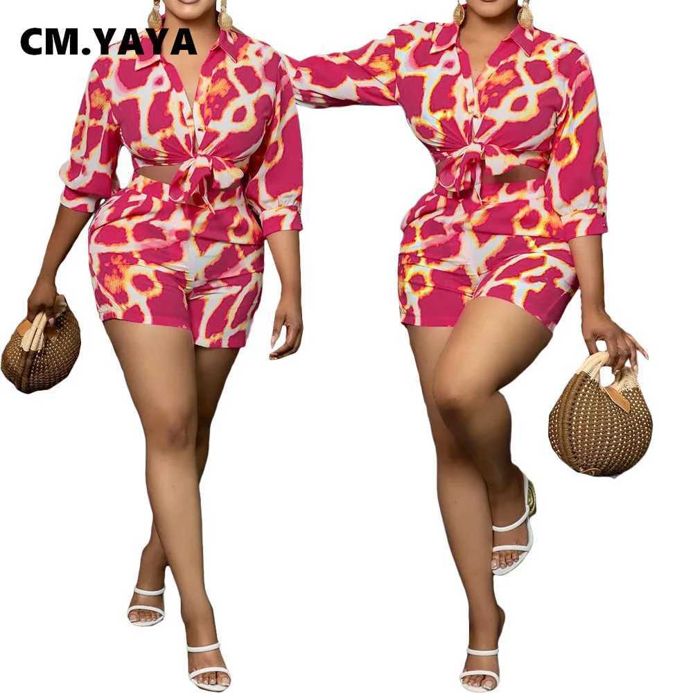 Women's Two Piece Pants CM.YAYA Womens Set Half Slve Print Shirt and Pencil Shorts Suit 2024 Autumn Active Strt Two 2 Piece Set Outfit Tracksuit 