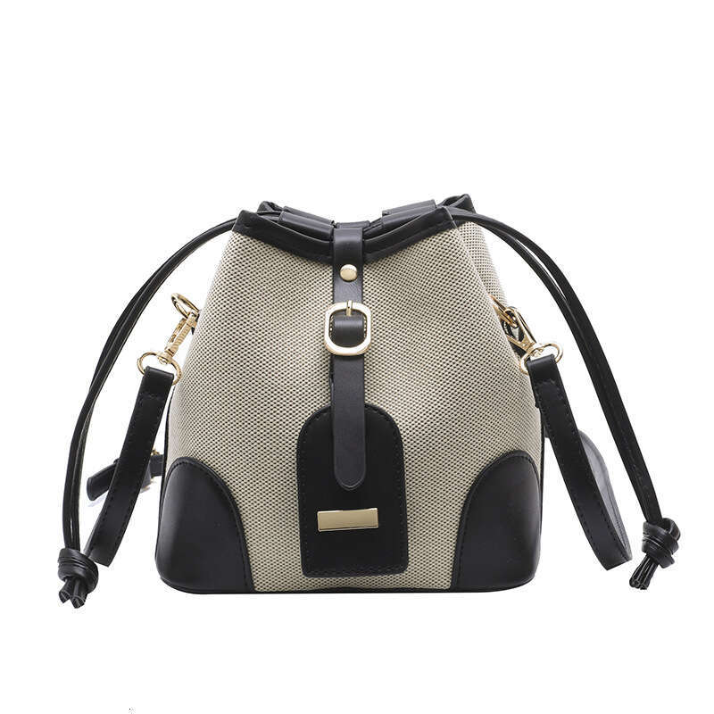 Wholesale Hand-Held Water Bucket Bags, Women's New Style Canvas Contrasting Color Drawstring, High-End Single Shoulder Crossbody Bag, Fashionable