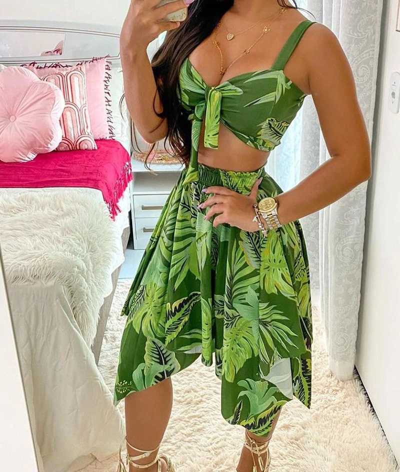 Women's Two Piece Pants Mini Skirt Set Women Strtwear New Spring 2024 Fashion Versatile Slveless 2 Piece Suits of Suspender Printed Dress for Fem