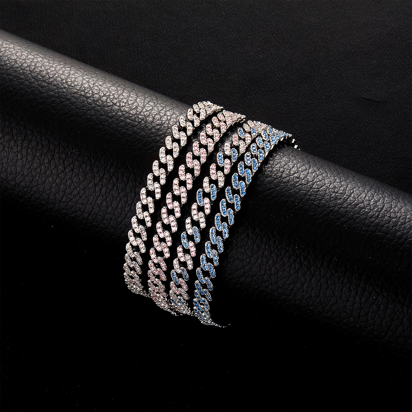 Sparkly Pink Blue 2 Tones Cubic Zirconia Prong Cuban Link Chain Bracelet Punk Hiphop Men And Women Colorful Gemstone Natural Pearl Chains 18k Gold Bij