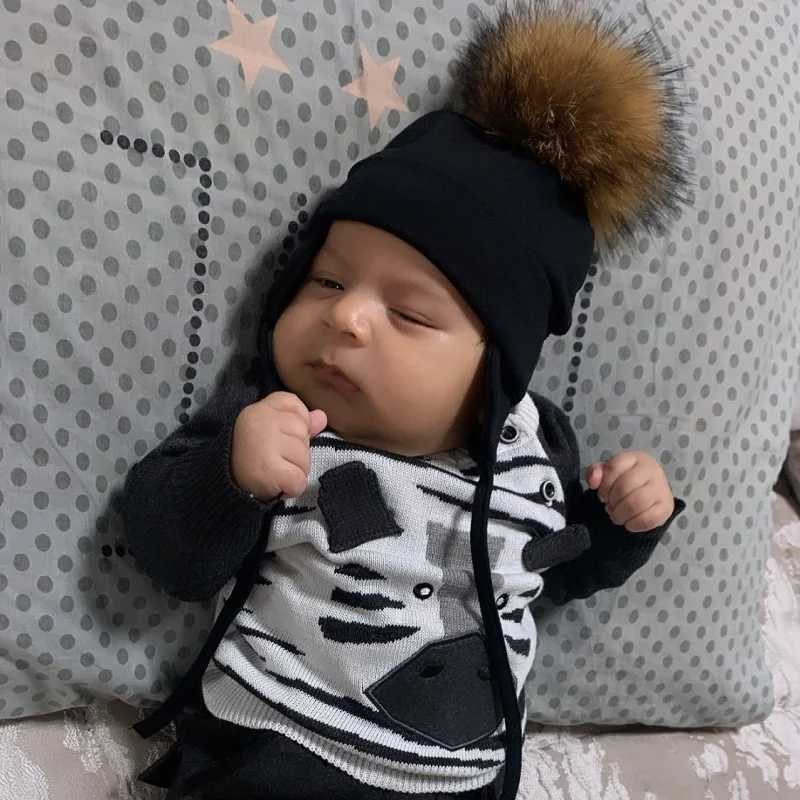 Autumn Winter Natural Raccoon Pompom Cotton Cap For Newborn Earflap Baby Hat With Real Pompon Kids BonnetXJ241213