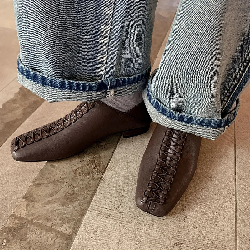 2024 Spring/Summer Womens Low Heel Square Toe Basic Casual Work Comfortable Flat Bottom Soft Genuine Leather Shoes Womens Comfortable Shoes 241213