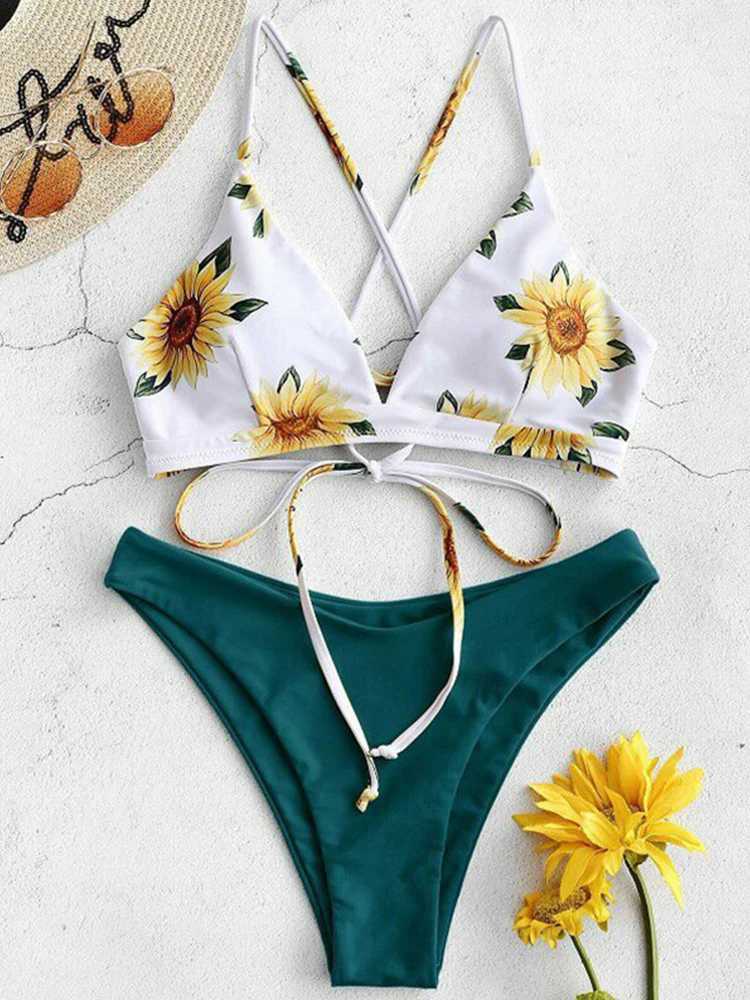 Sunflower Printed Bikini Set Sexy Swimwear Women 2023 Mujer Push Up Padded Biquini Bathers Bandage Bathing Suit Swimsuit BikiniXJ241212