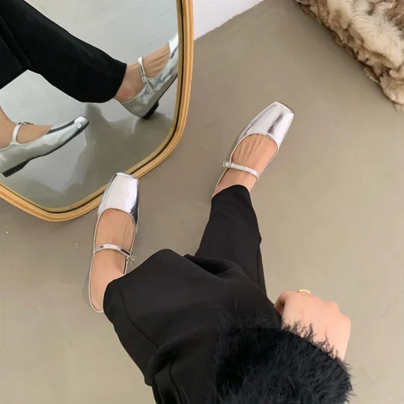 Antumn Square Toe ballet shoes fashionable low boots Mary Jane shoes casual silver shallow button soft soled shoes Zapatos De Mujer 241213