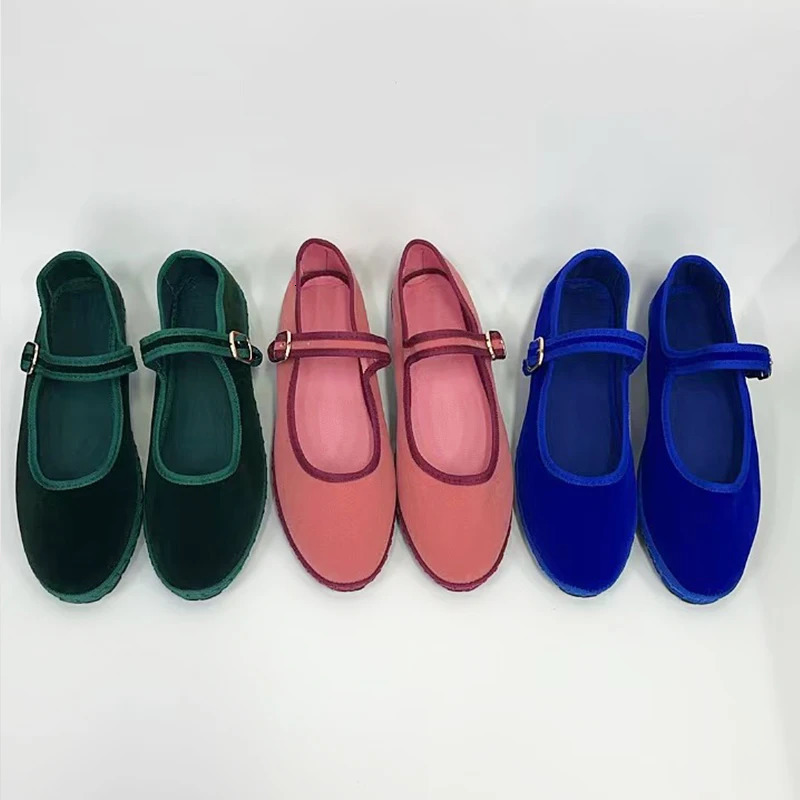 Flannel flat shoes for women hand sewn Mary Jane ballet casual shoes for women elegant buttoned velvet coat dark green 241213