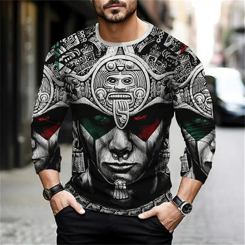2024 Mexico Aztec Graphic T Shirts For Men Vintage 3d Printed Long Sleeve Tees Street Hip Hop Oversized TShirt Mens Clothing 241213