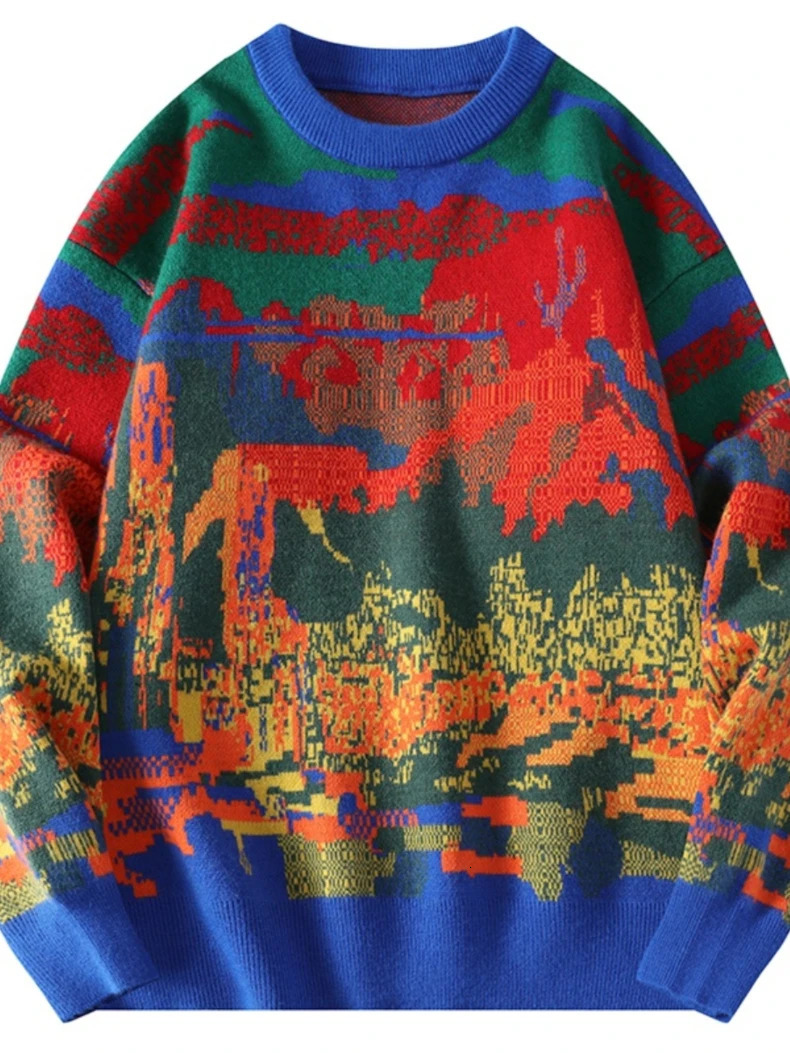 Winter Knitted Sweater Men Women Print Graffiti Knitwear Japanese Crewneck Jumper Couple Pullover Male Youth Geometirc 241213