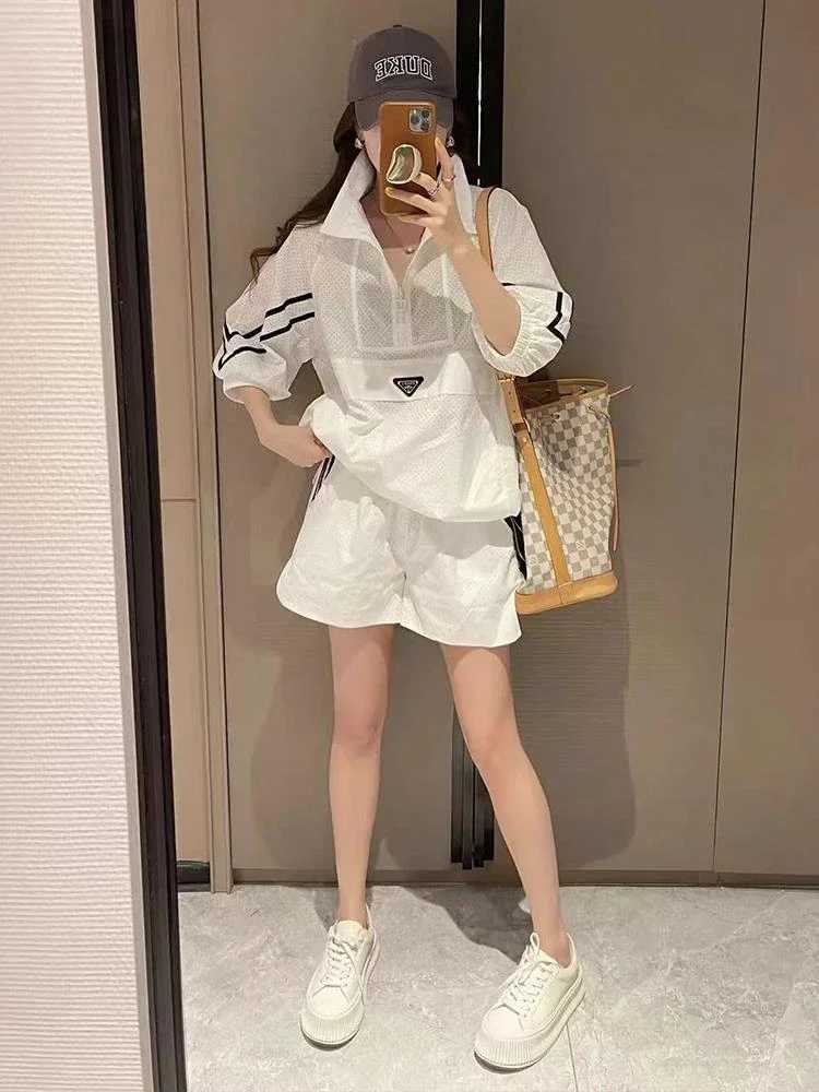 Women's Two Piece Pants Fashion 2Pcs Oversize Women Sweat Suit Set Thin Long Slve 2023 New Sunscrn Coat Top and Shorts Two Piece Set White Outfit