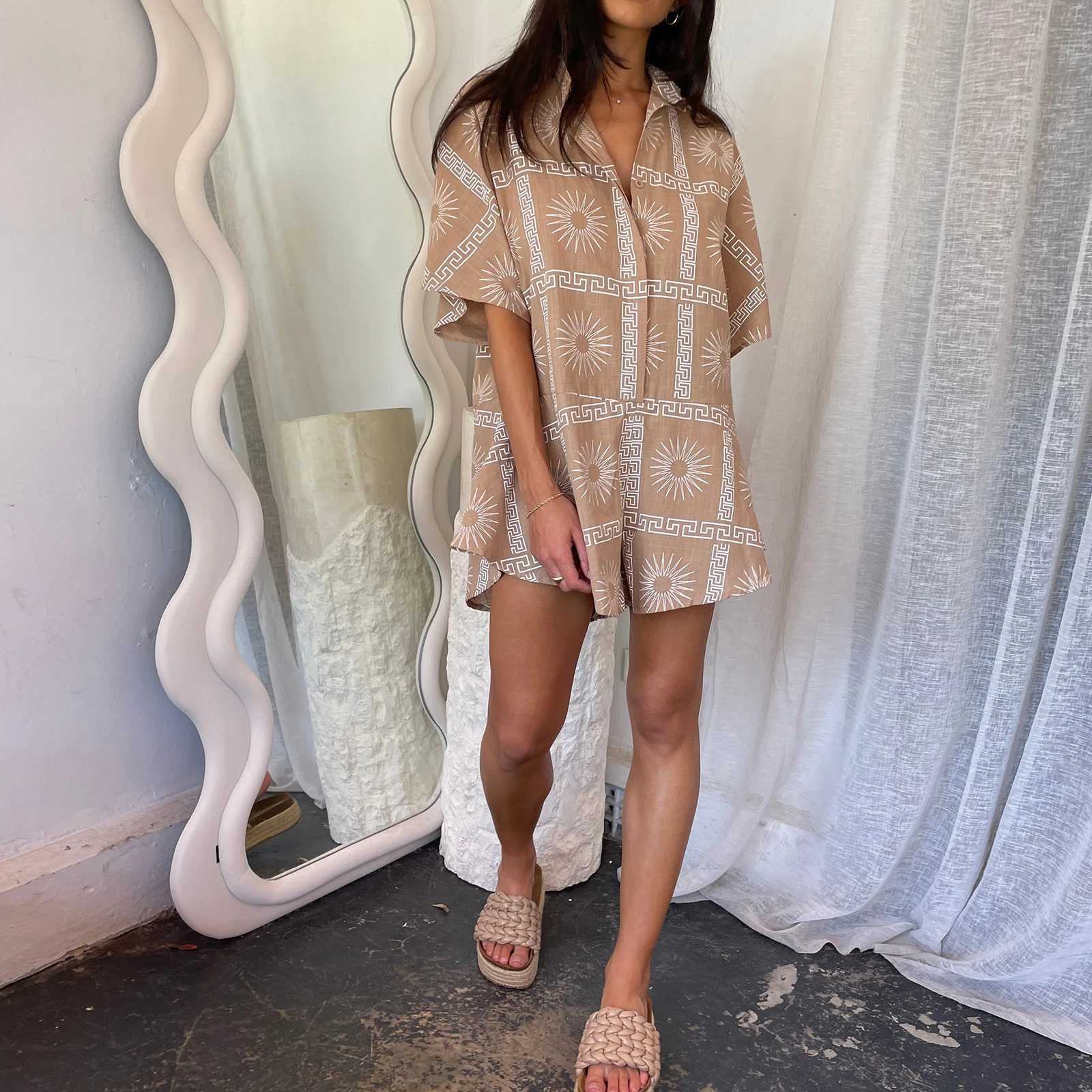 Women's Two Piece Pants Hirigin Women Graphic Shorts Romper Short Slve Buttons Jumpsuit Boho Floral Loose Fit Belted Playsuit Summer Beachwear Y2