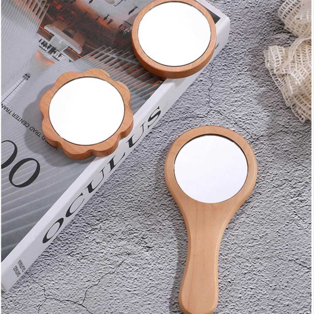 Wooden Hand Mirror Vintage Portable Round Cosmetic Mirror Compact Makeup Vanity Hand Held Mirror Women Travel MirrorsXJ241213