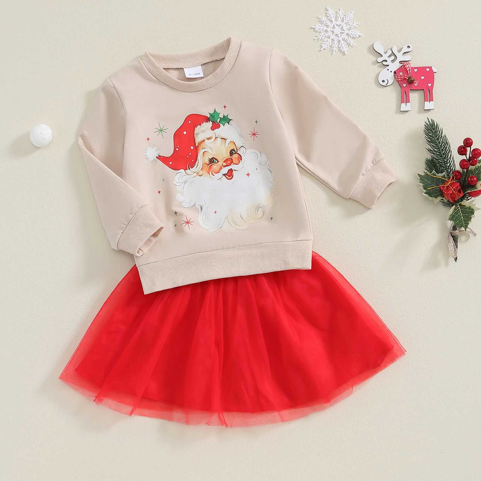 FOCUSNORM 0-4Y Little Girl Christmas Costume Set 2-piece Santa Claus printed long sleeved sweatshirt with elastic waist and thin gauze for skiing W241