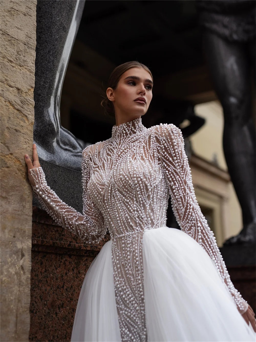 Gorgeous Bridal Dress Sequins Pearls Wedding High Collar Long Sleeves Ball Gown Detachable Train Customized Dresses Vestido De Novia