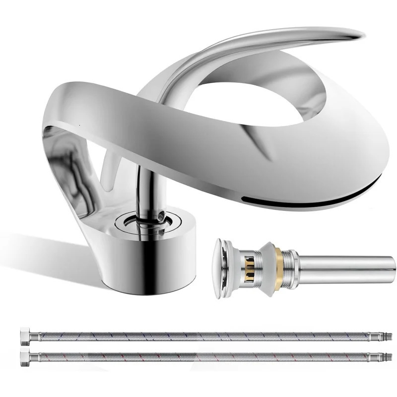 Waterfall chrome vanity sink faucet solid brass single handle bathroom basin with popup drying supply line 241211