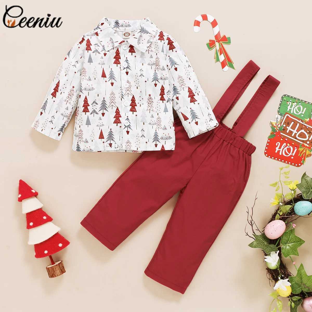 Christmas Sets For Baby New Year Costume Xmas Tree Shirts and Red Suspender Pants Toddler Boys Christmas Outfits For Kids W241213