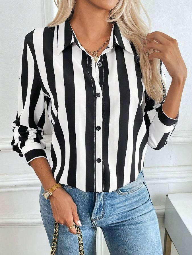 European American Clothing Spring Summer New Products, Versatile Blue Striped Shirts, Women's Trendy Clothing, Fashionable And Casual Temperament