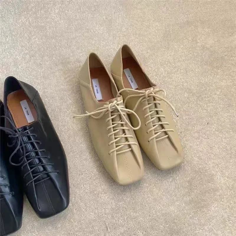 2024 Spring/Autumn Leather Shoes for Womens Casual Lace Flat Top Single Shoes Square Toe Solid Color Loafers Office Womens Shoes 241213