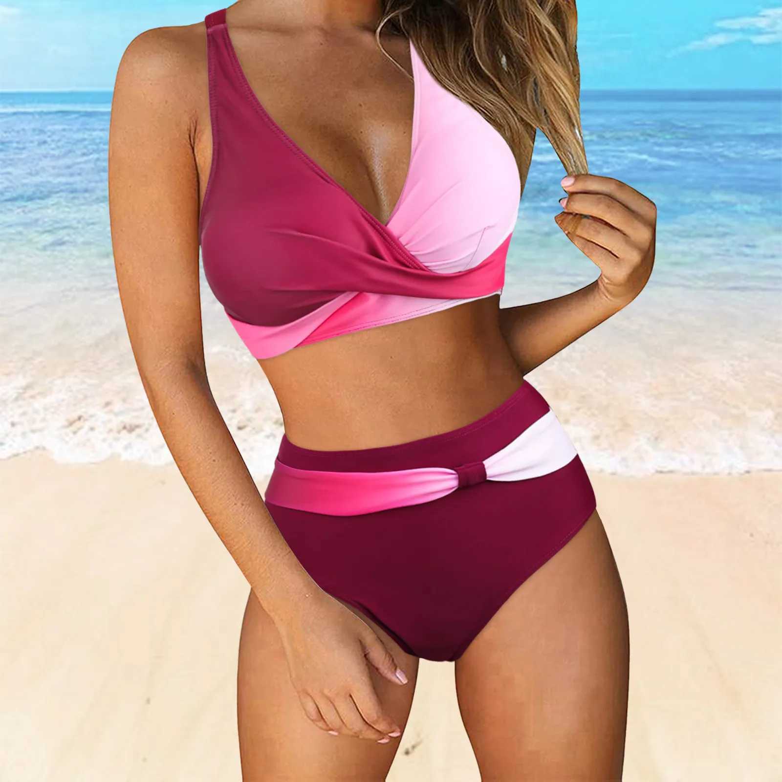 Two Piece Bathing Suits Fashion Womens High Waisted Bikini Push Up Halter Swimsuits Retro Ruched High Waist Print Bikini SetXJ241212