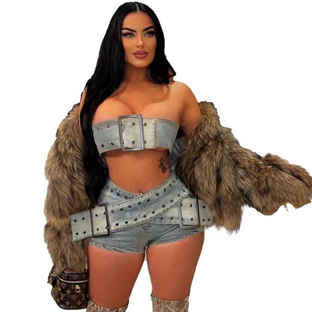 Women's Two Piece Pants 2 Pieces Sexy Summer Spring Fashion Women Set 2024 Strapless Slveless Denim Jeans Tops And Shorts Suit Matching Sets Outf