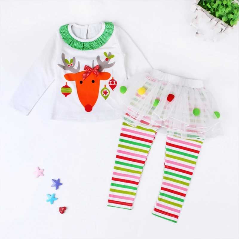 1-6 year old childrens baby clothing set long sleeved Christmas reindeer print T-shirt+fluffy striped dress pants fashion set W241213