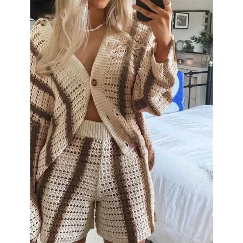 Women's Two Piece Pants Jinia trendy striped 2 piece sets women 2024 lapel knitted long slve top loose pants short sets summer ladies boho strtwe