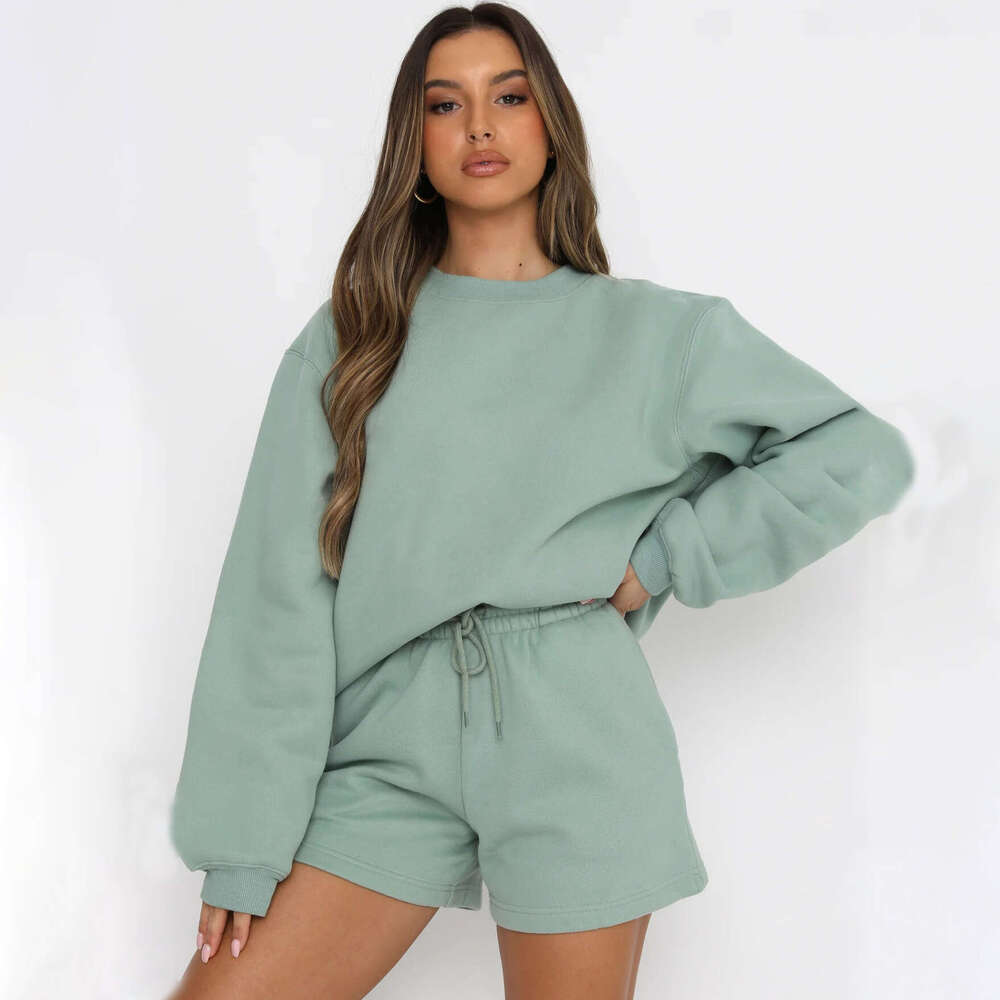 Spring Autumn Foreign Trade Women's New Style Solid Color Loose Versatile Casual Round Neck Hoodie Shorts Set Trendy Clothing Fashion And Leisure
