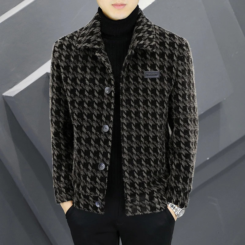 Top Quality Steetwear Lapel Plaid Print Jacket Ropa De Hombre Winter Men Wool Trench Coat Contrasting Colors Lattice 241213