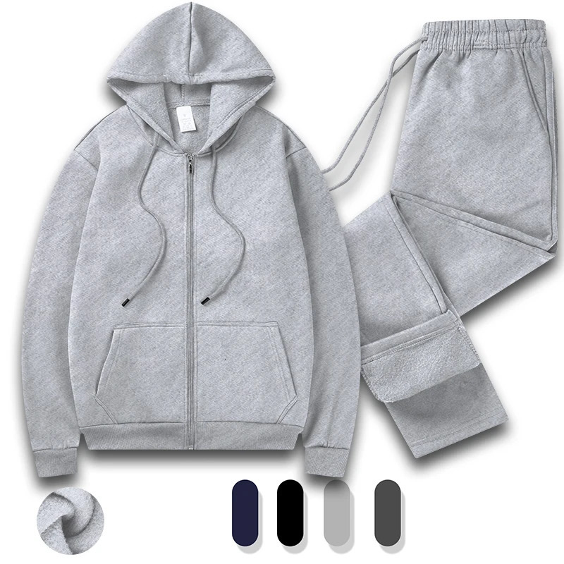 Mens track style sportswear 2piece hooded sweatshirt jogging full zip warm suit 241211