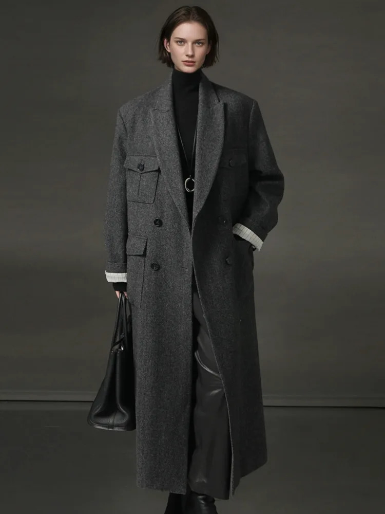 DFDG Herringbone Pattern Right Angled Shoulder n Temperament Cashmere Woolen Coat Autumn Winter For Women 241213