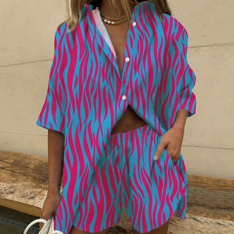 Women's Two Piece Pants Women Two Piece Set Casual Bohemian Beach Vacation Shirts Short 2 Piece Sets For Womens Summer Loose Print Suit Outfites 