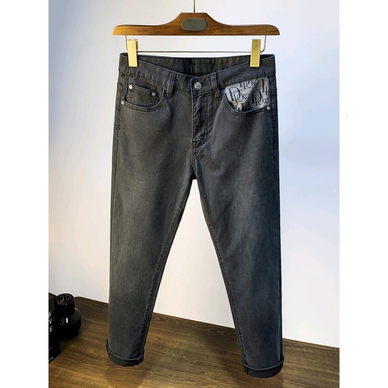 High End Jeans Men Trendy Printed Straight Leg Casual Elastic Slim Fit Cotton Fashion Washed Light Versatile Denim Pants