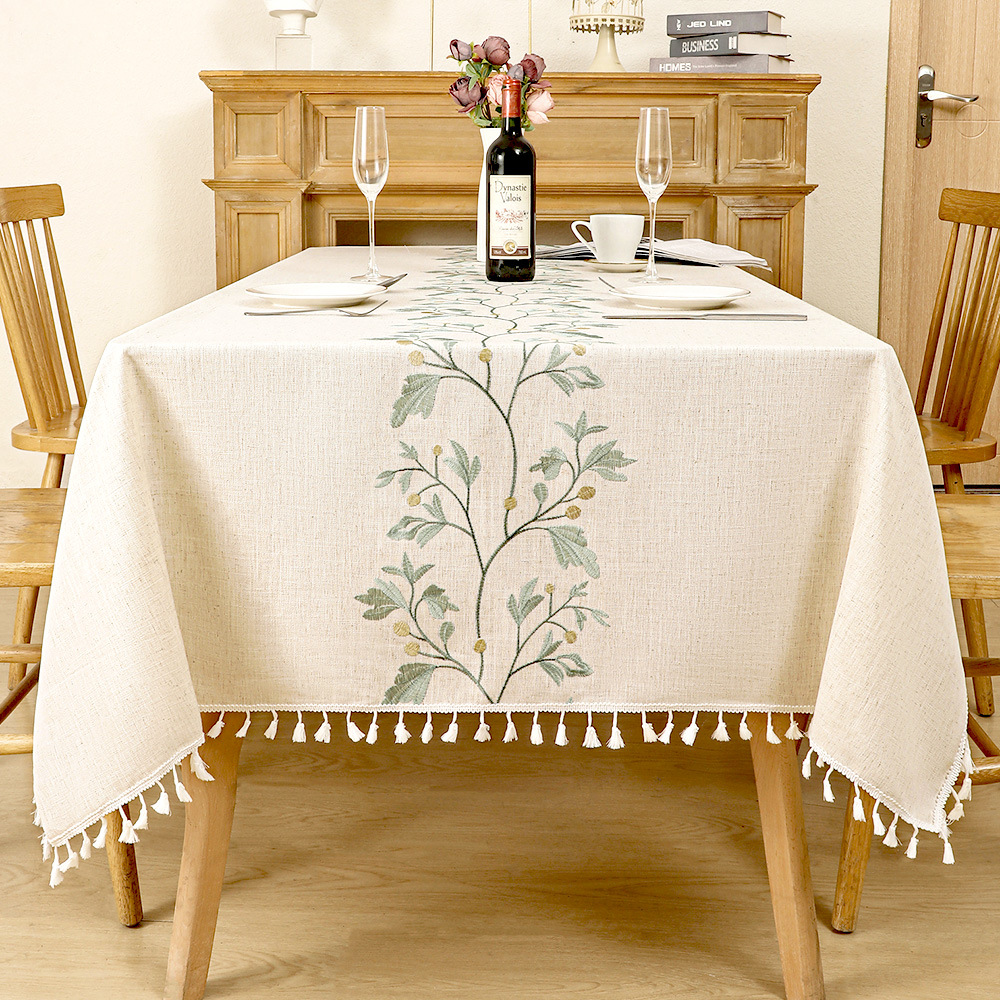Cotton And Linen Embroidered Coffee Table Cloth, Tassel Waterproof And Heat-Resistant Tablecloth LN1028