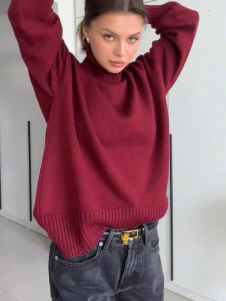 Casual Solid Round Half High Collar Womens Jumper Elegant Long Sleeved Loose Pullover Sweater 2024 Autumn Female Basic Knitwear 241203