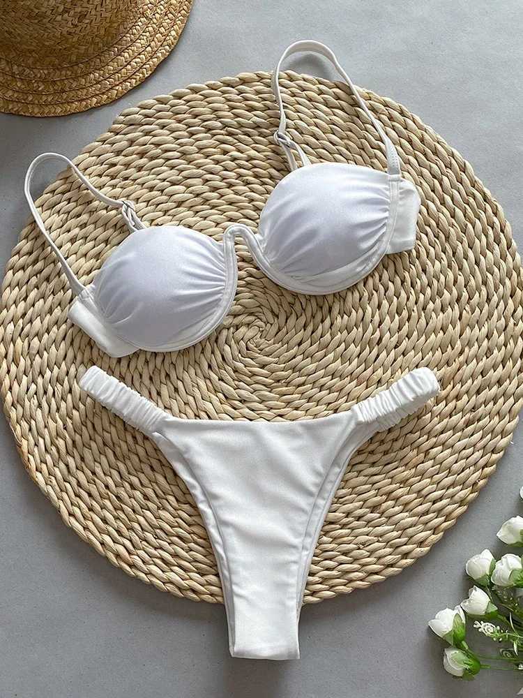 OIINAA Swimwear Women Sexy Soild Color Swimsuit Pated Bikini Suit Lace Up Bow Tie Biquini Summer Thong Two-pieces Bathing SuitXJ241212