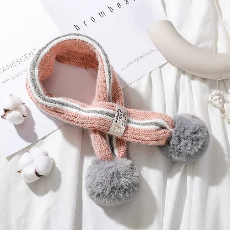 Scarves Wraps Children Scarf Knitted Winter Cashmere Soft Scarf Baby Boys Girls Lovely Fur Pom-pom Neckerchief Kids Girl Neck Warmers Scarf H241213