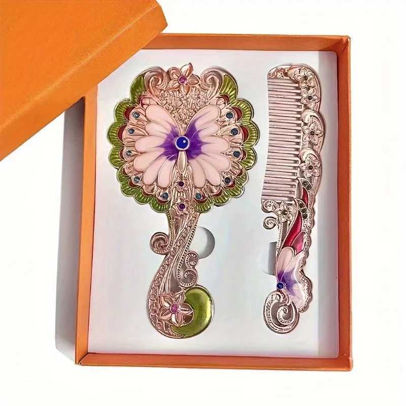Europe Large Peacock Pattern Metal Carry Folding Makeup Mirror With Comb Hand Hold Cosmetic Mirror With Handle For GiftsXJ241213