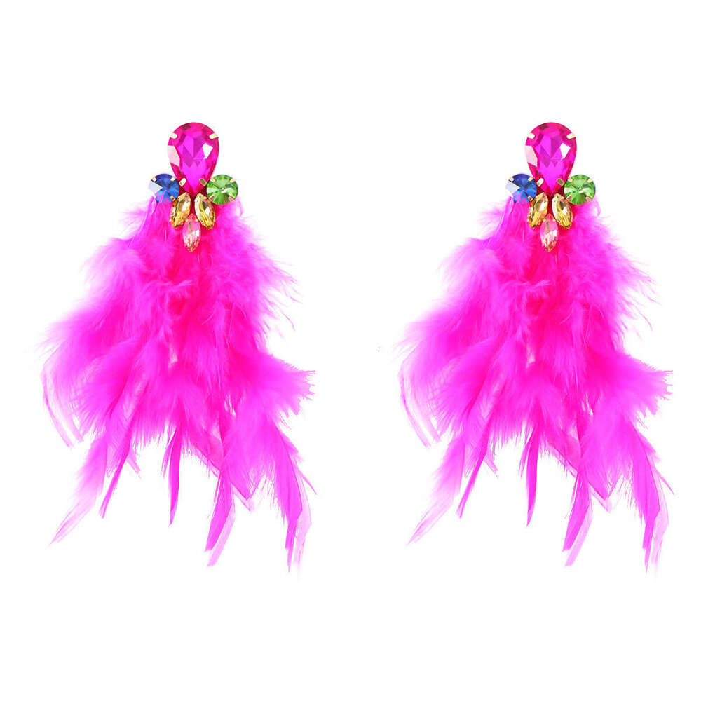 Long feather earrings, women's alloy dia inlaid ral tassels, artistic Bohemian jewelry