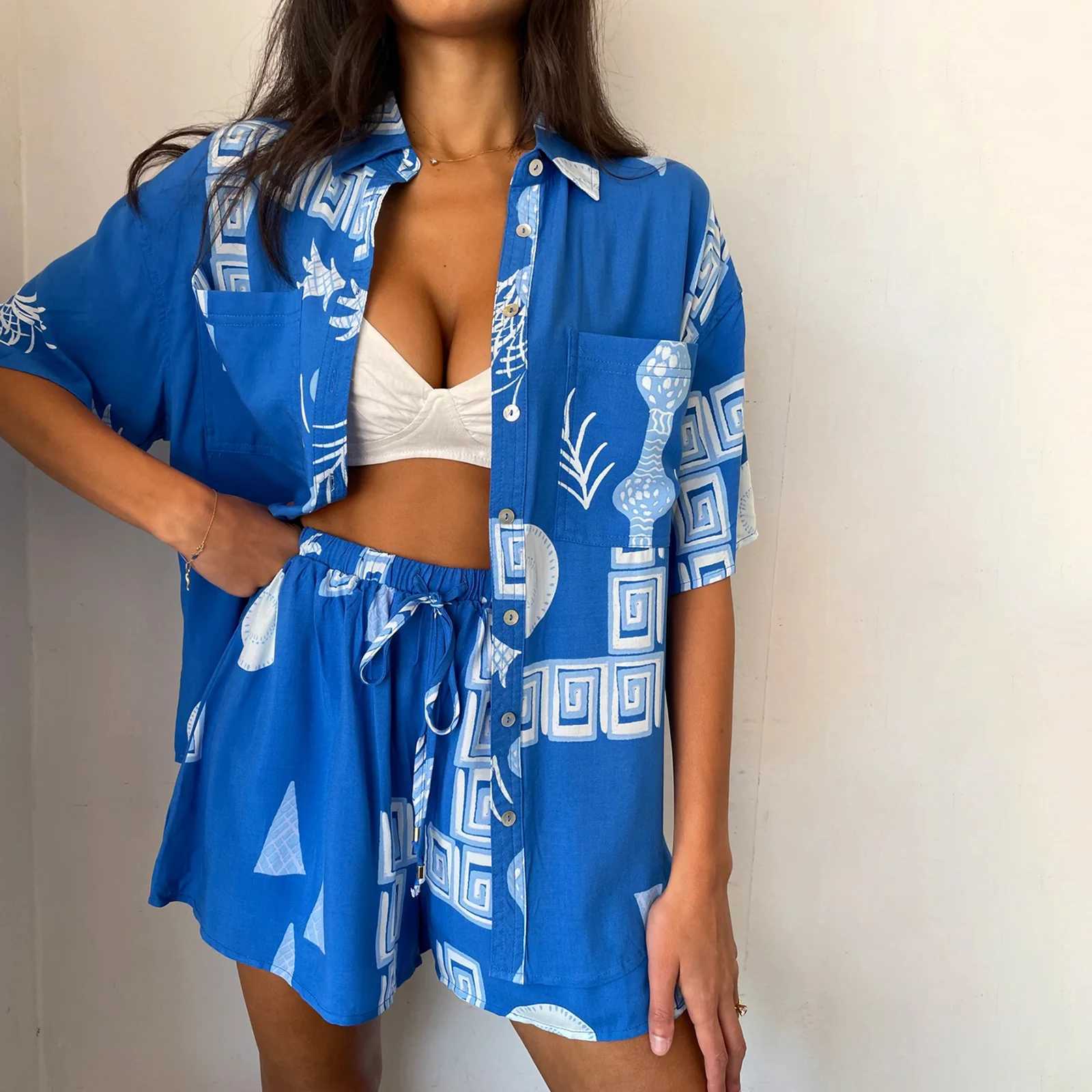 Women's Two Piece Pants Hirigin Women Summer Pajama Set Cute Short Slves Button Shirt and Elastic Shorts for 2 Piece Loungewear Soft Slpwear Y241
