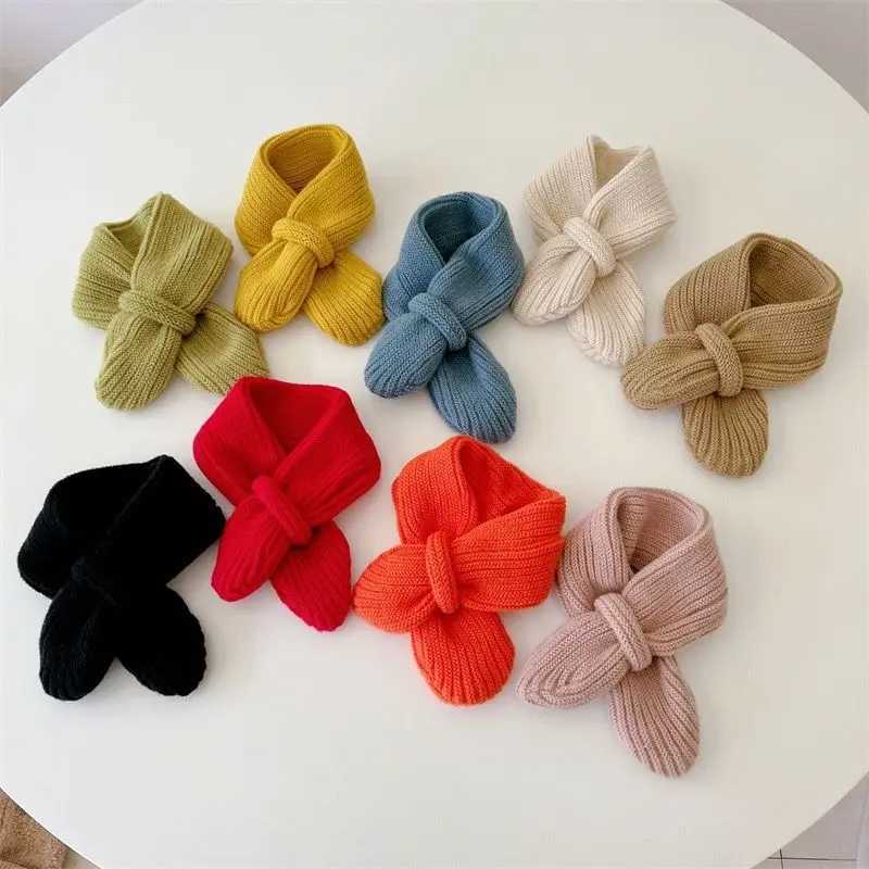 Scarves Wraps New Korean Style Wool Childrens Scarf Solid Autumn Winter Fashion Kids Knitted Scarf Candy Color Baby Boy Girl Warm Cross Scarf H241213