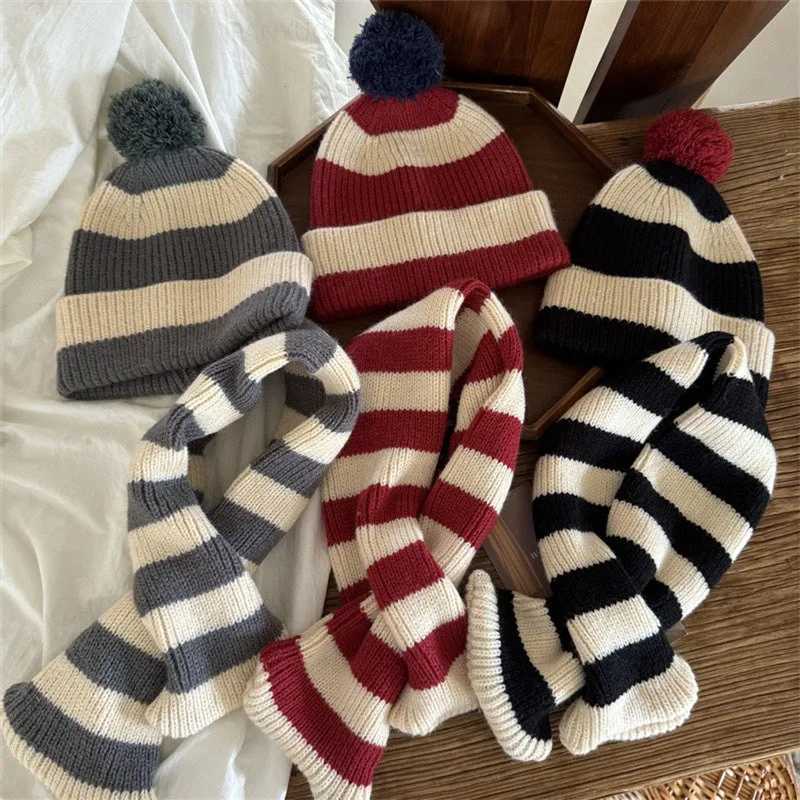 Scarves Wraps 1-8Y Children Caps Scarf Set Autumn Winter Thicken Warm Girls Baby Knitted Hats Neckerchief Fashion Korean Striped Kids Scarves H241213